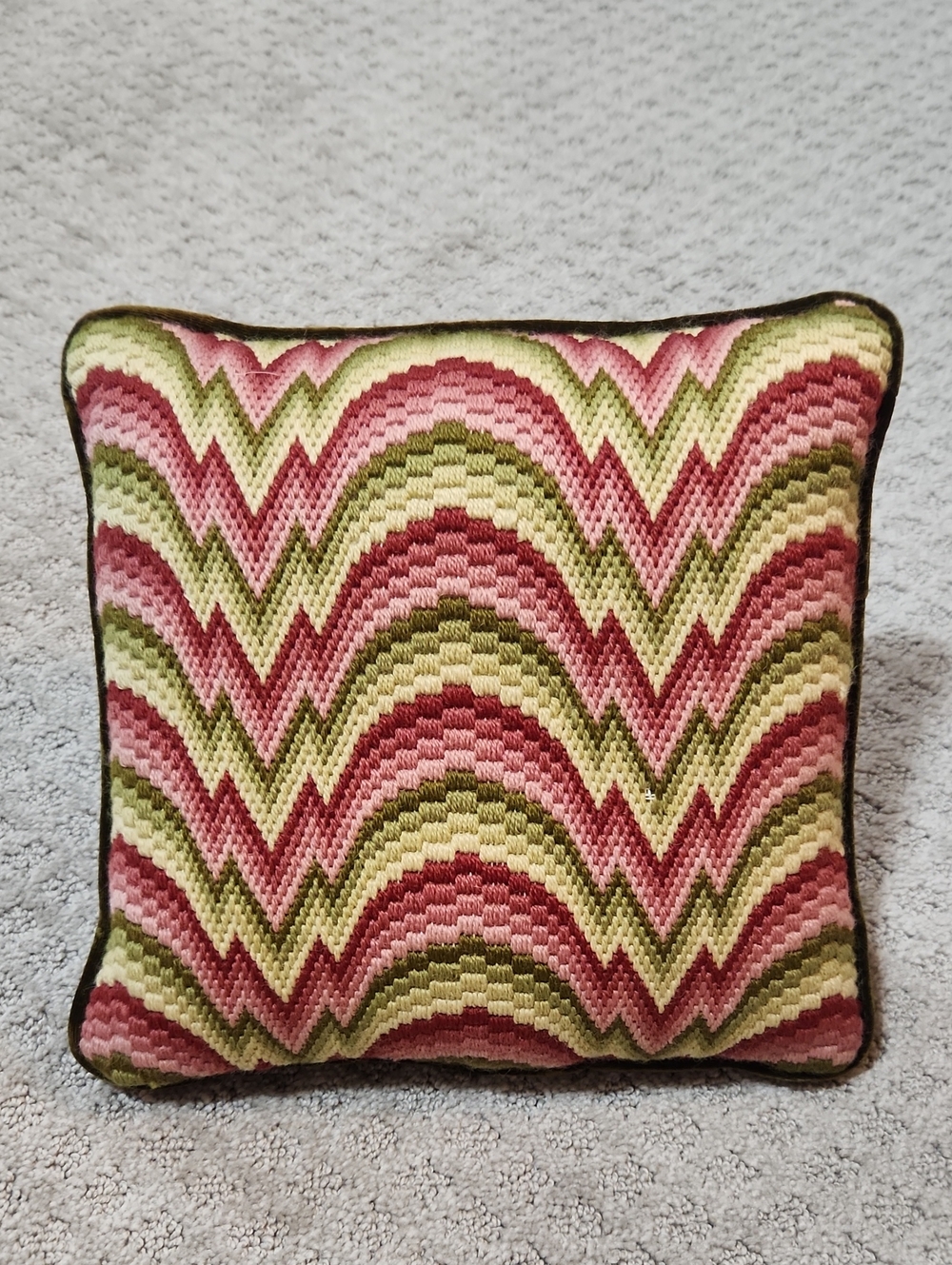 Vintage MCM Bargello Handmade Needlepoint Throw Pillow 12x12 Pink & Green Velvet